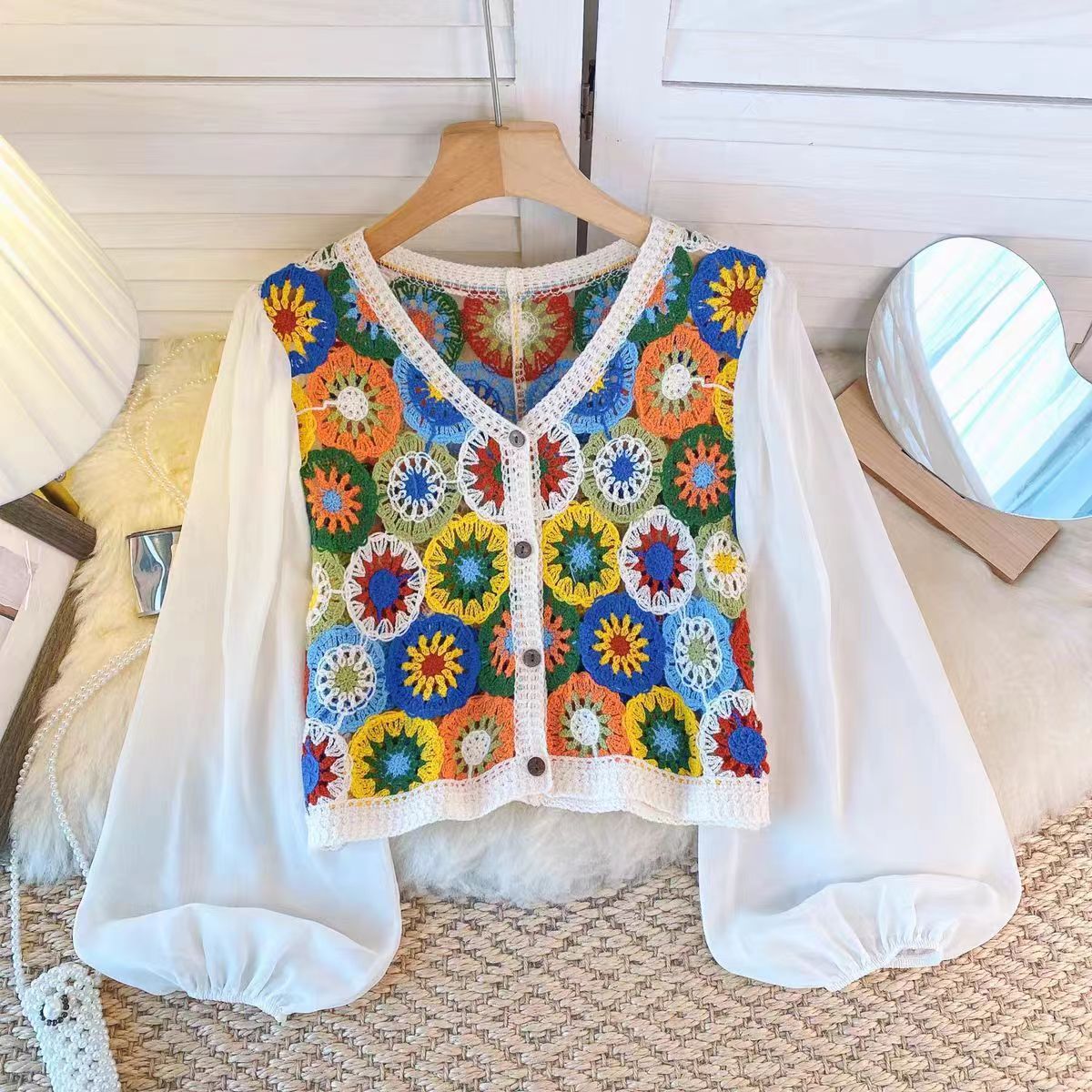 Thai Style Vacation Style Crocheted Hollow Design Knitted Chiffon Patchwork Long Sleeve Retro Slimming V-neck Cardigan For Women