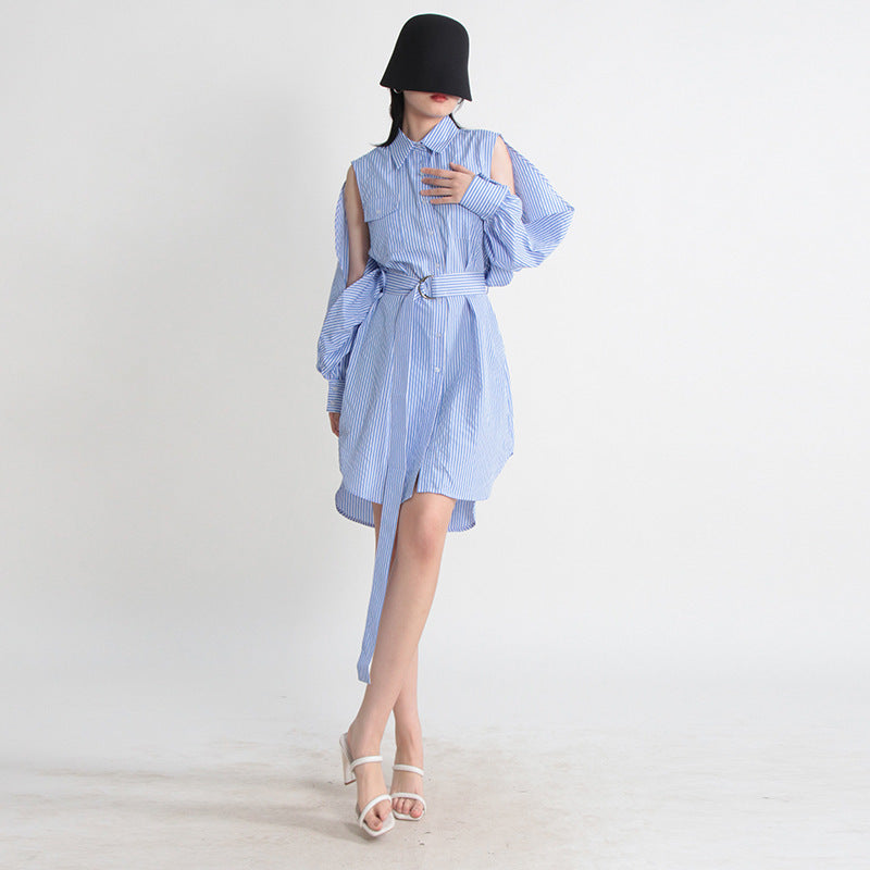 Casual Temperament Wild Off-the-shoulder Hollow-out Lace-up Striped Cardigan
