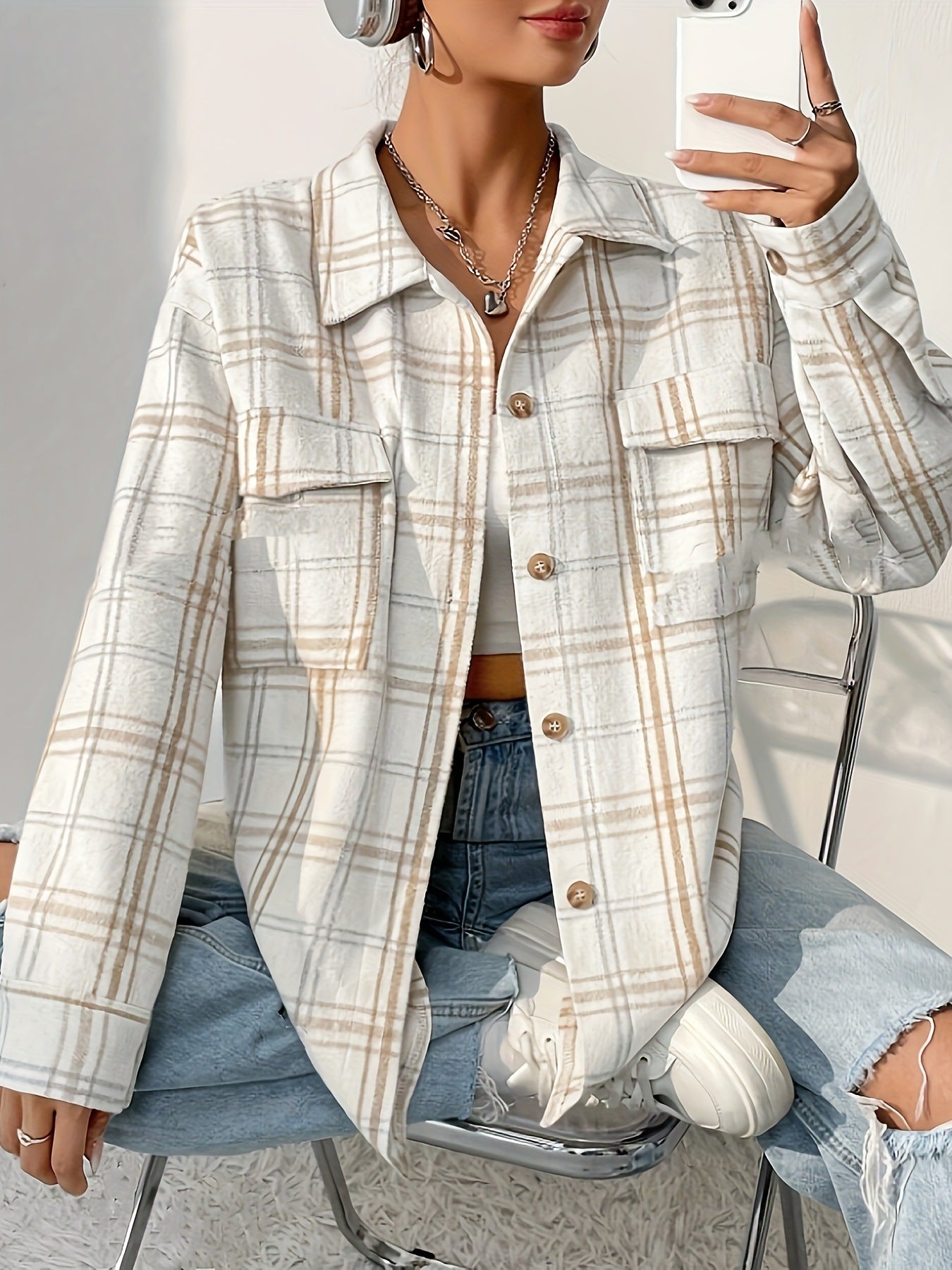 European And American Leisure Mid-length Plaid Shirt Jacket Cardigan Shirt
