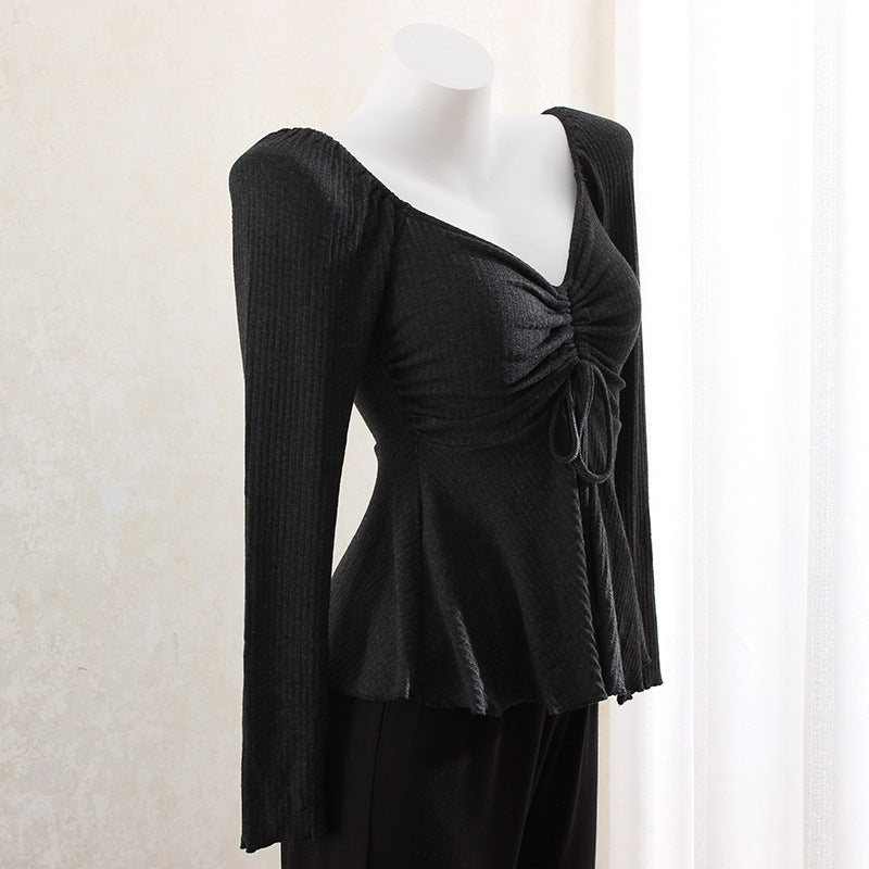 Chinese Gentle Knitted Drawstring V-neck Bottoming Shirt T-shirt Shoulder Slimming Slim Top