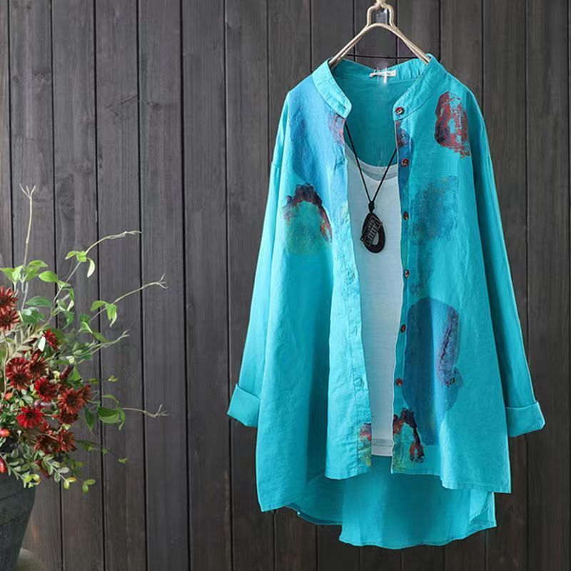 Asymmetric Mid-length Cotton Linen Round-neck Shirt
