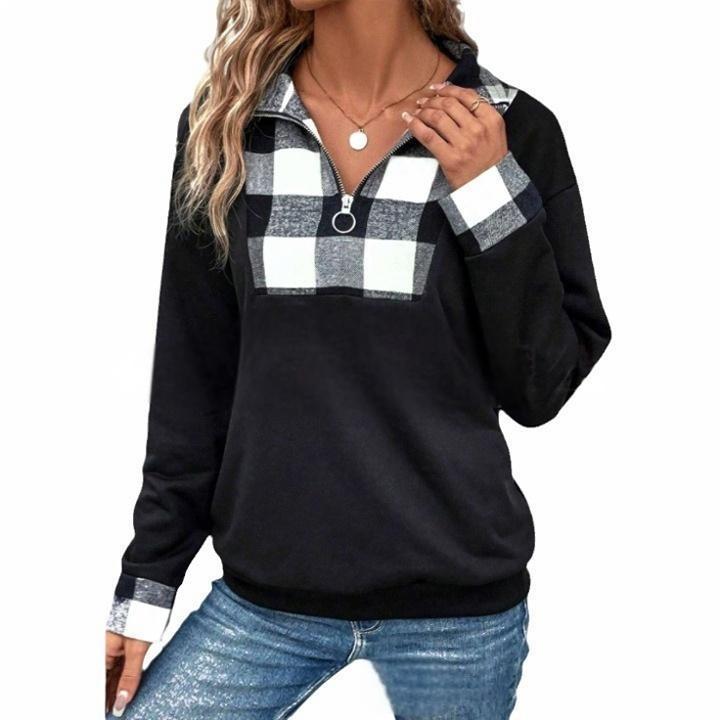 Spring And Autumn Women's Color Matching Zipper Collar Sweater