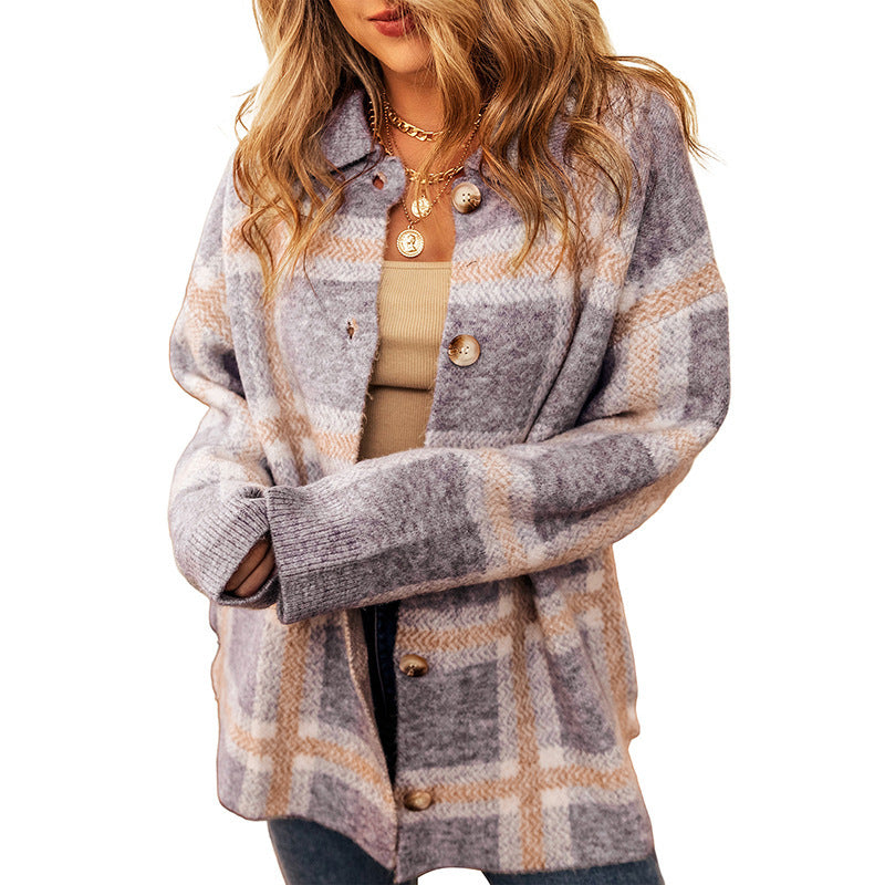 Printed Checks Long Sleeve Cardigan For Women