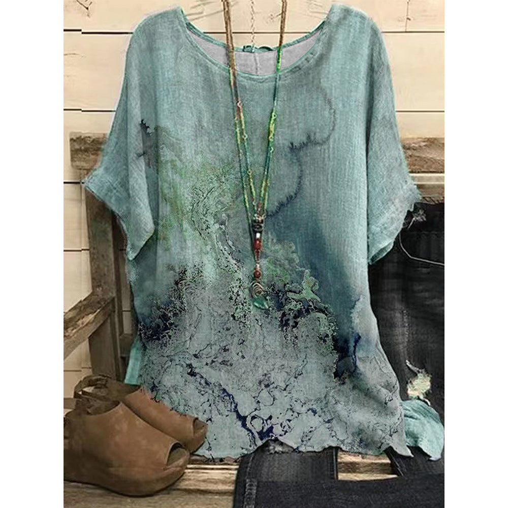 Loose Casual Print Round Neck T-shirt For Women