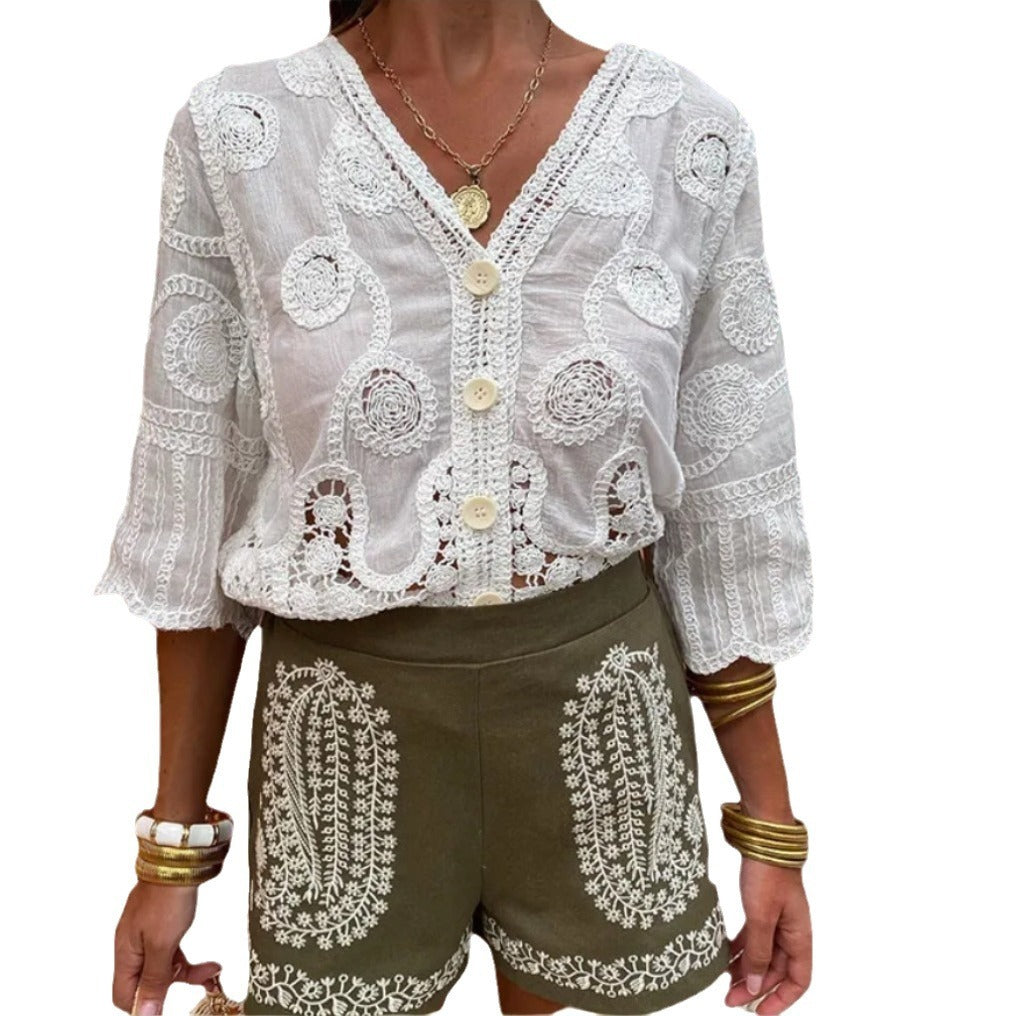 Fashion Sweet V-neck Single Breasted Loose T-shirt