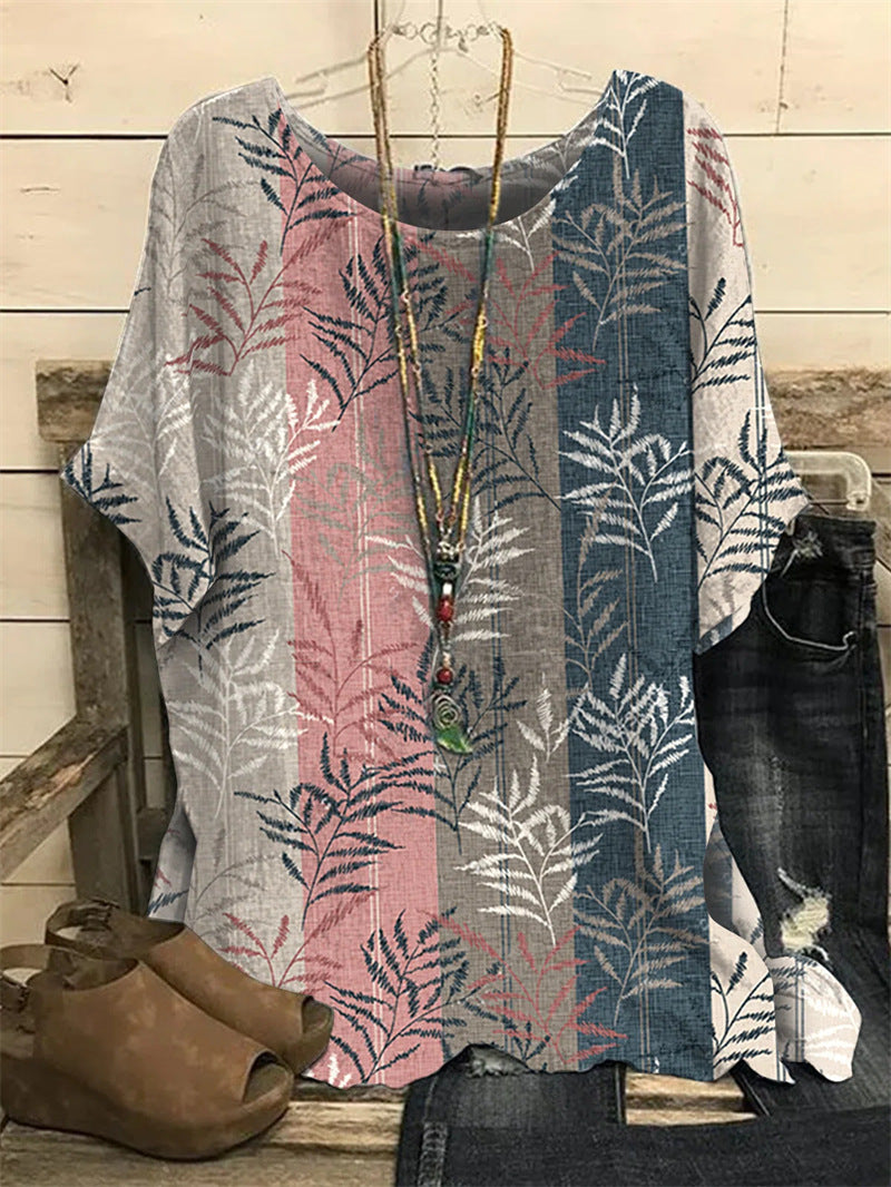 Pattern Printed Loose Short Sleeve Round Neck Shirt