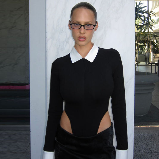 Color Matching Shirt Collar Tight Long Sleeve Midriff Outfit Jumpsuit