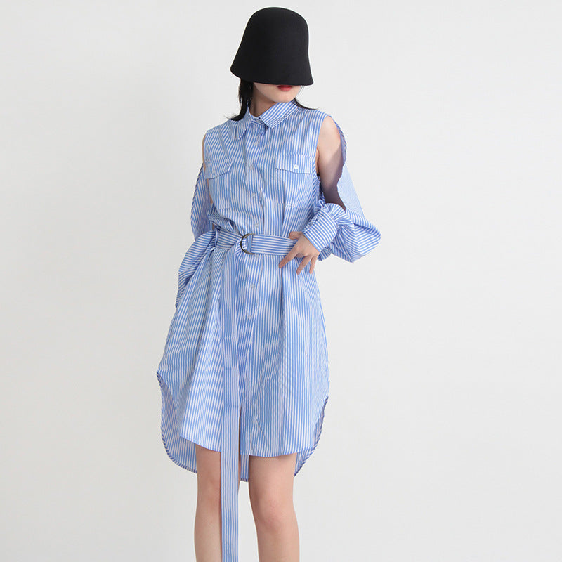Casual Temperament Wild Off-the-shoulder Hollow-out Lace-up Striped Cardigan