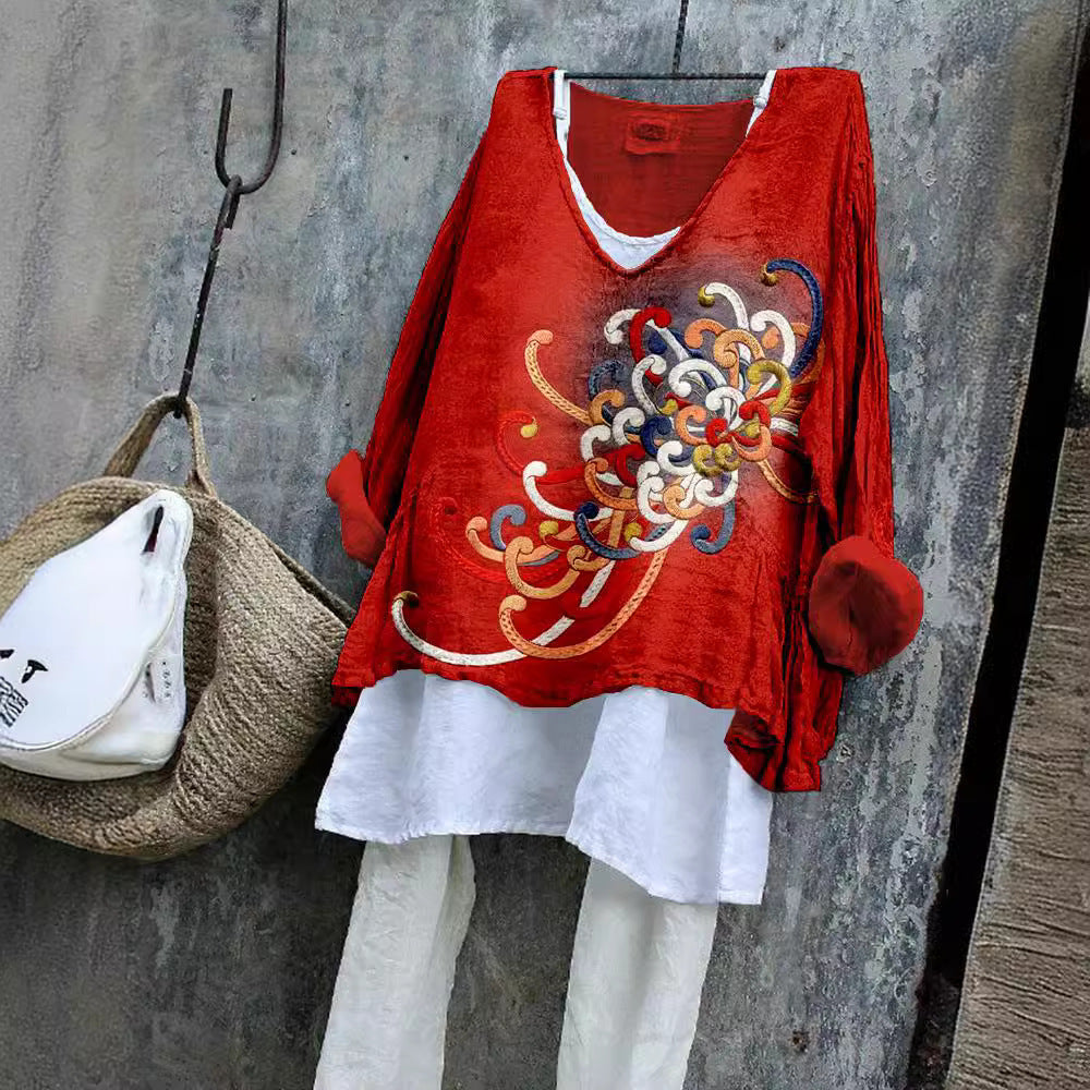 V-neck Single Long Sleeve 3D Digital Printing European And American