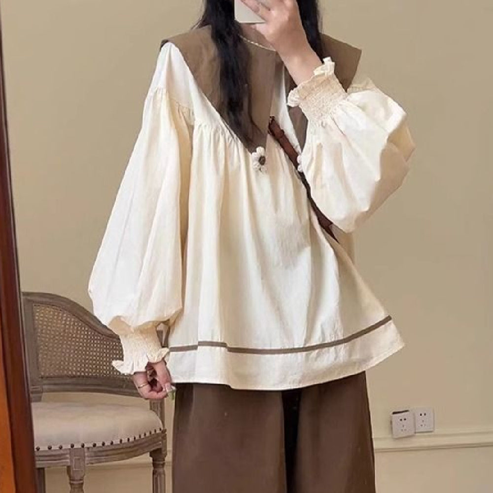 Autumn Doll Collar Shirt Brown Vest High Waist Wide Leg Pants