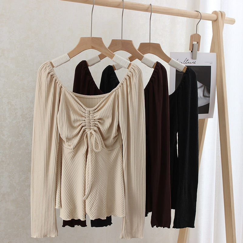 Chinese Gentle Knitted Drawstring V-neck Bottoming Shirt T-shirt Shoulder Slimming Slim Top
