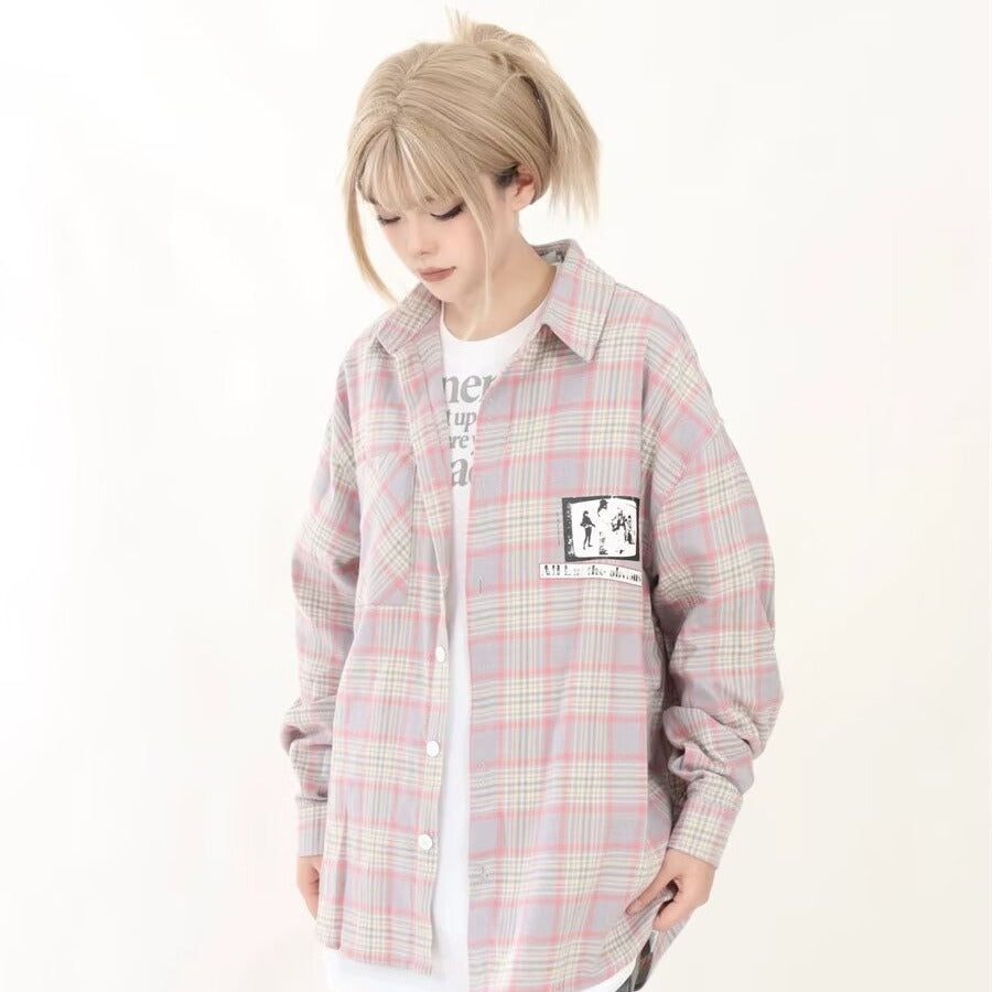Long Sleeve Plaid Shirt Loose-fitting Versatile Blouse Design Retro Coat