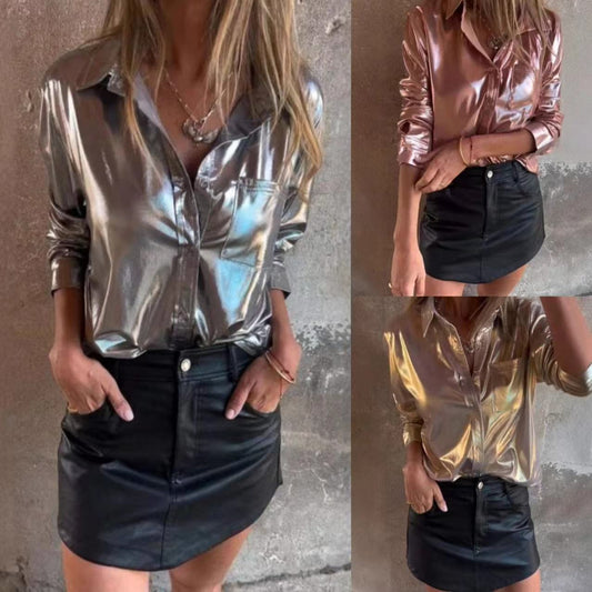 Women's Faux Leather Fashion Polo Collar Shirt