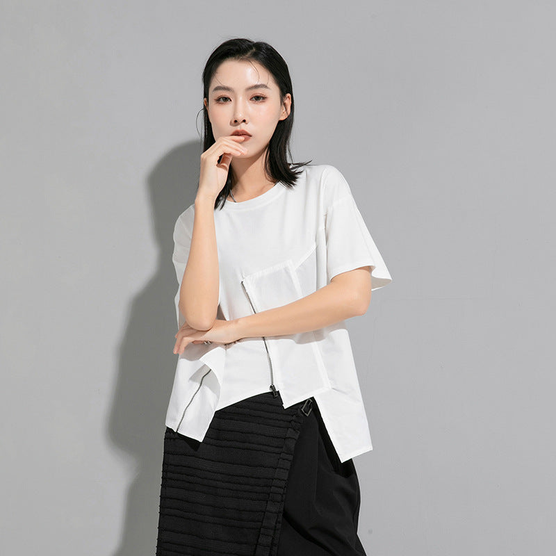 Street Stitching Half Sleeve Irregular Solid Color Short Sleeve T-shirt