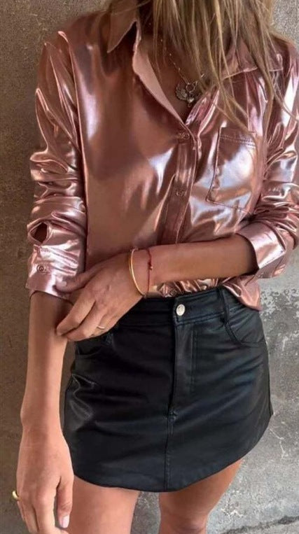 Women's Faux Leather Fashion Polo Collar Shirt