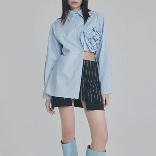 Lapels Stitching Three-dimensional Flower Irregular Hollow-out Split Shirt Top