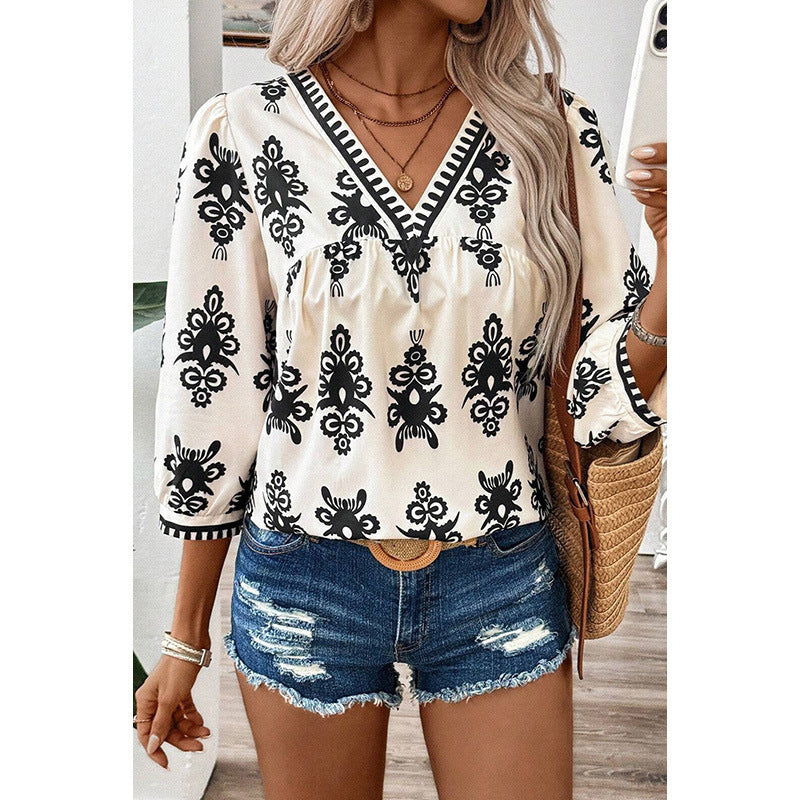 Beautiful Bohemian Retro Printed 34 Sleeves Top