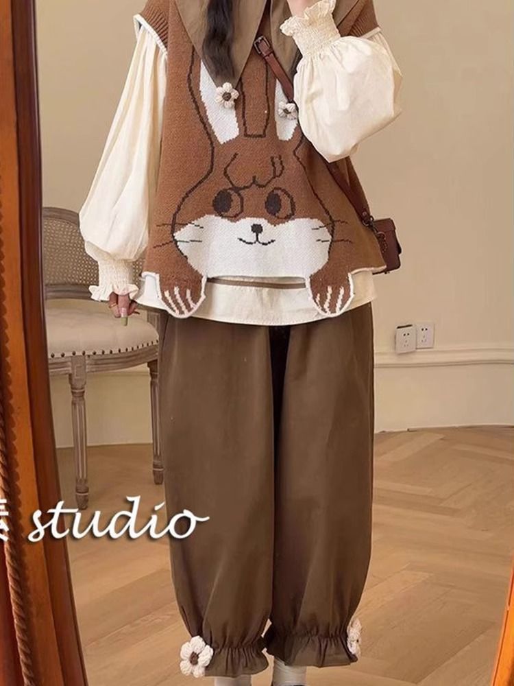 Autumn Doll Collar Shirt Brown Vest High Waist Wide Leg Pants