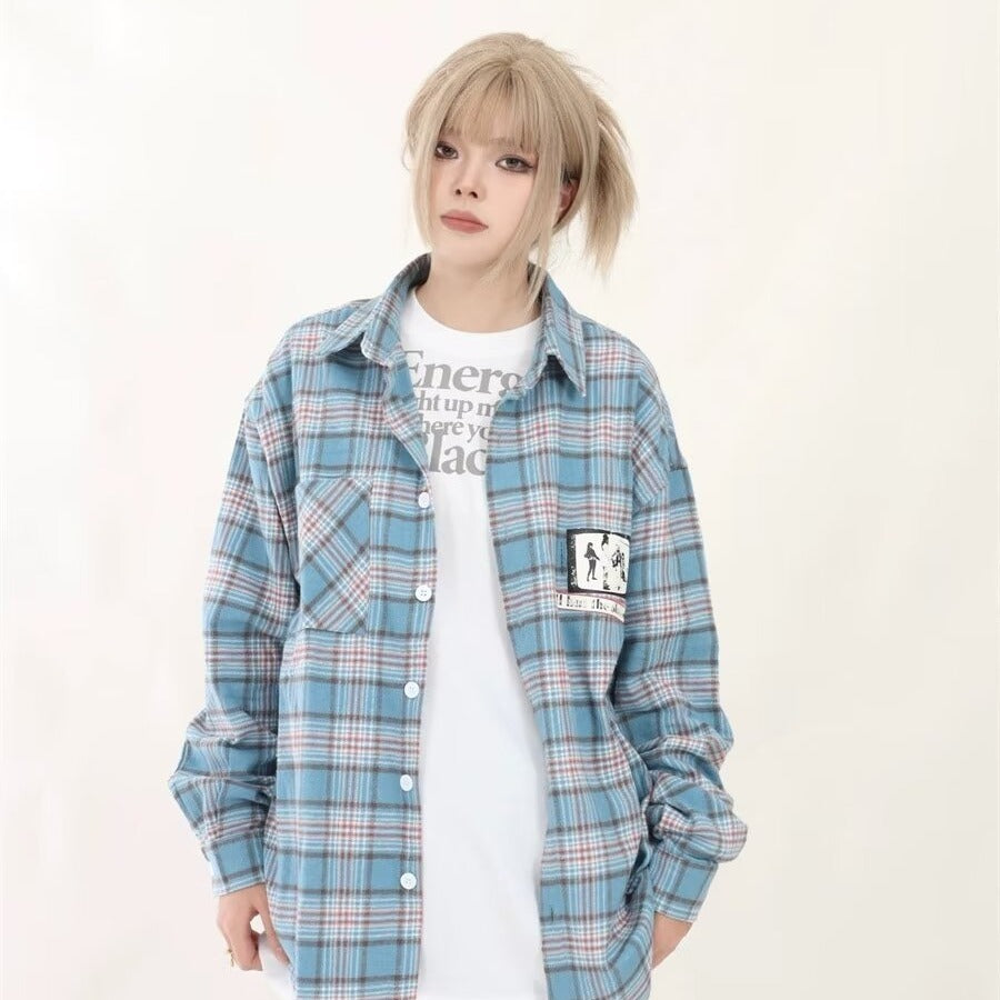 Long Sleeve Plaid Shirt Loose-fitting Versatile Blouse Design Retro Coat