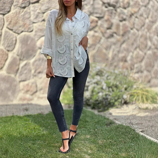 Women's Shirt Collar Loose Embroidery Hollow Out