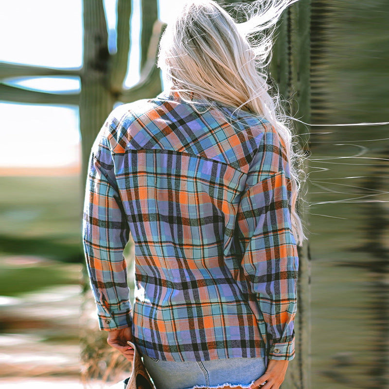 European And American Loose Casual Style Single Row Multi-buckle Plaid Shirt For Women