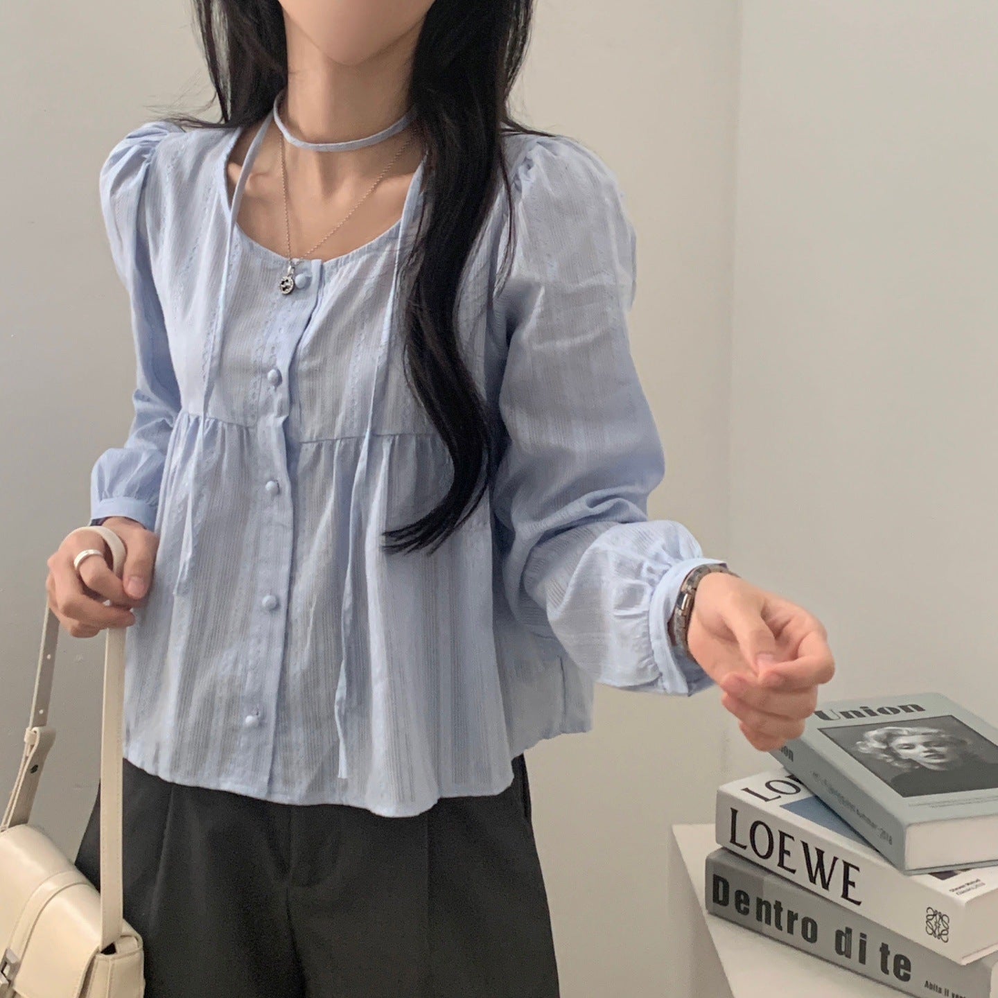 Ribbon Design Single-breasted Long Sleeve Shirt Women's All-match Top