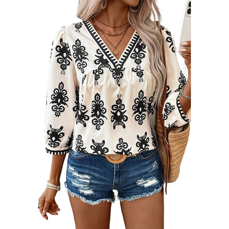 Beautiful Bohemian Retro Printed 34 Sleeves Top