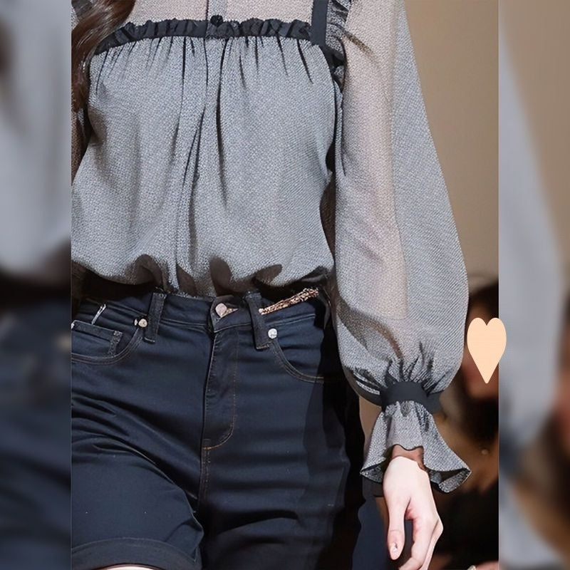 Black Ruffled Collar Long Sleeve Shirt
