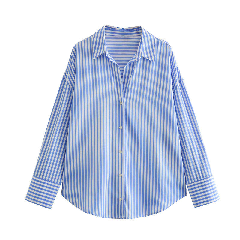 Autumn Women Clothing Printed Silk Satin Texture Drape Shirt
