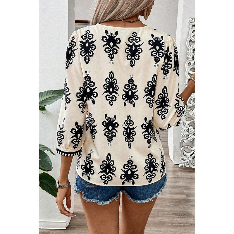 Beautiful Bohemian Retro Printed 34 Sleeves Top