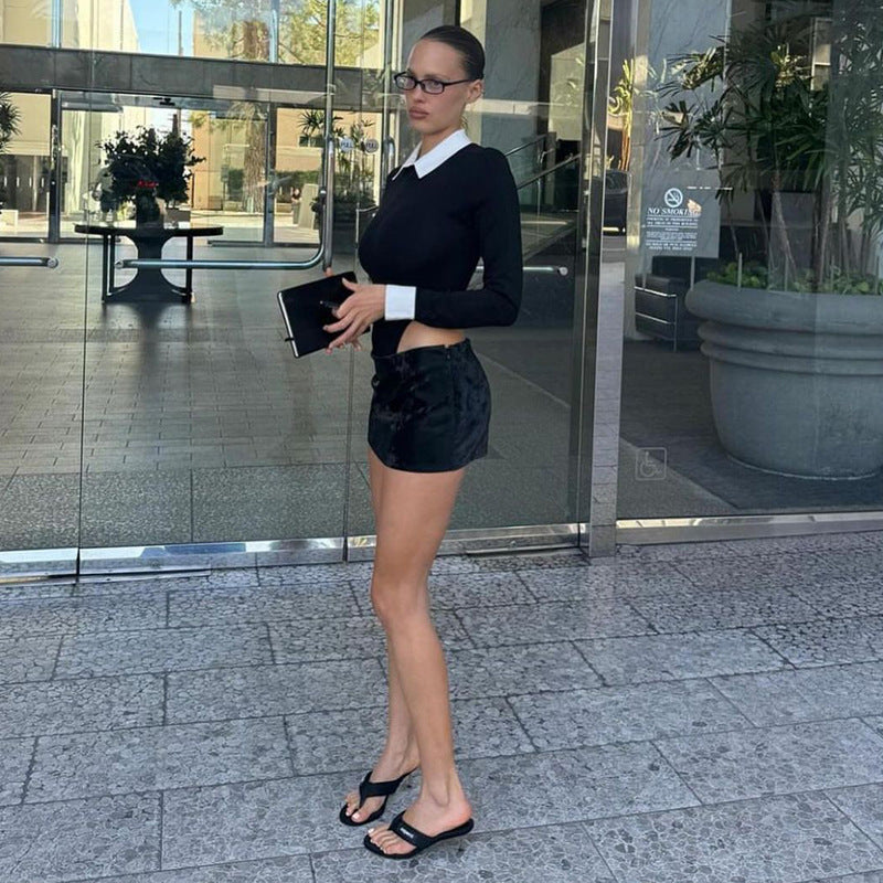 Color Matching Shirt Collar Tight Long Sleeve Midriff Outfit Jumpsuit