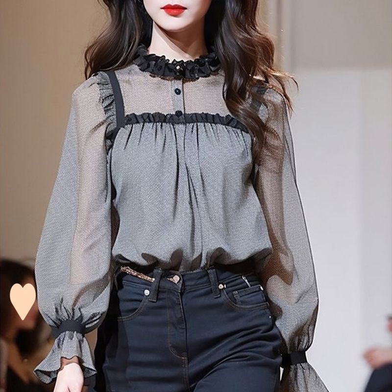 Black Ruffled Collar Long Sleeve Shirt