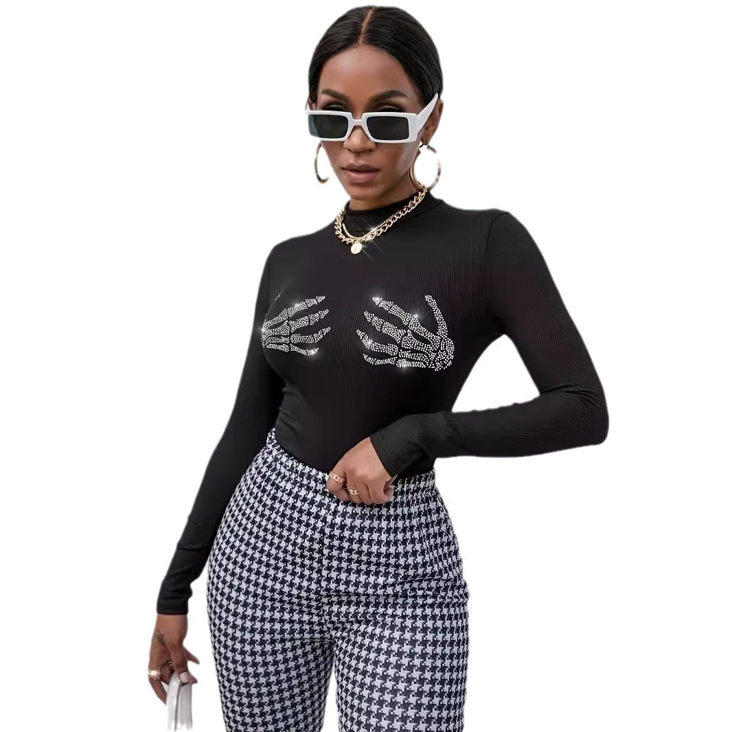Rib Knitted Skull Rhinestone Top