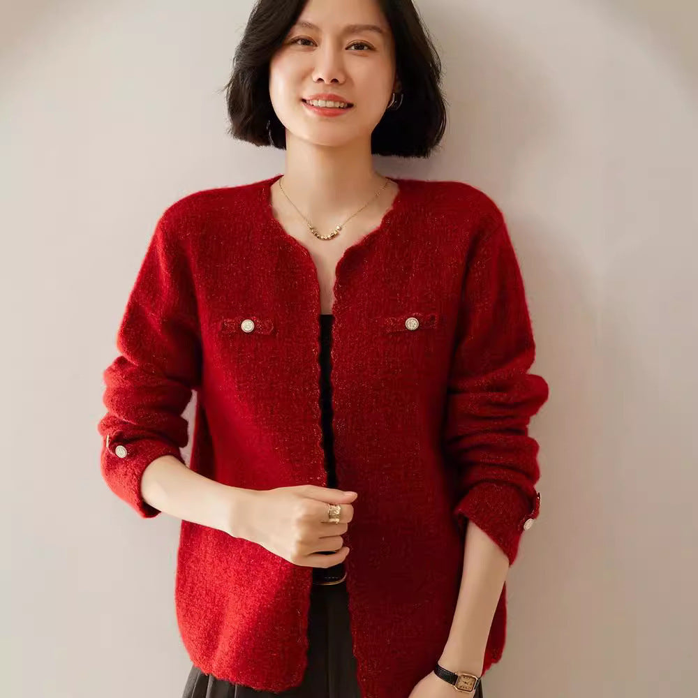 Women's Cashmere Cardigan Chanel Coat Loose Knitted Outerwear Round Neck Long Sleeve