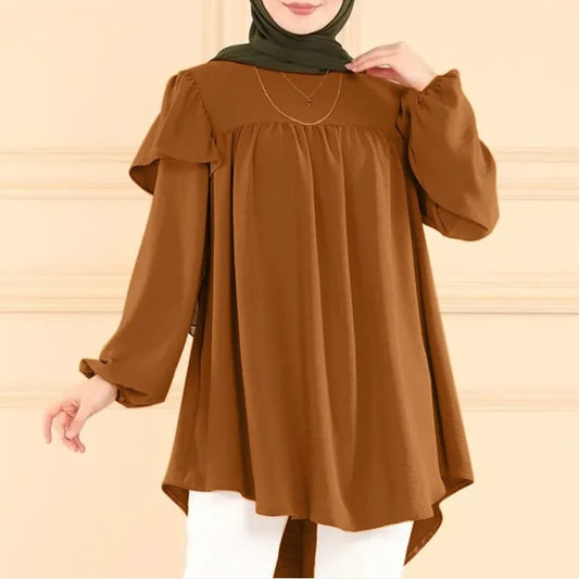 Solid Color Long Sleeve Loose Lotus Leaf Round Neck Top Shirt