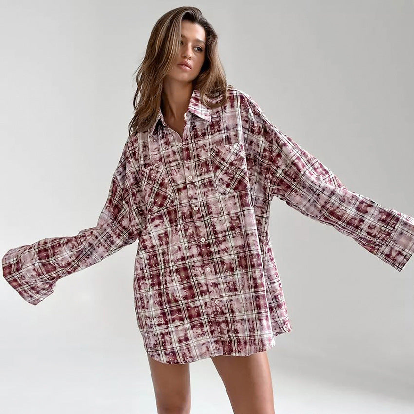 Lapel Loose Long Sleeve Casual Plaid Shirt