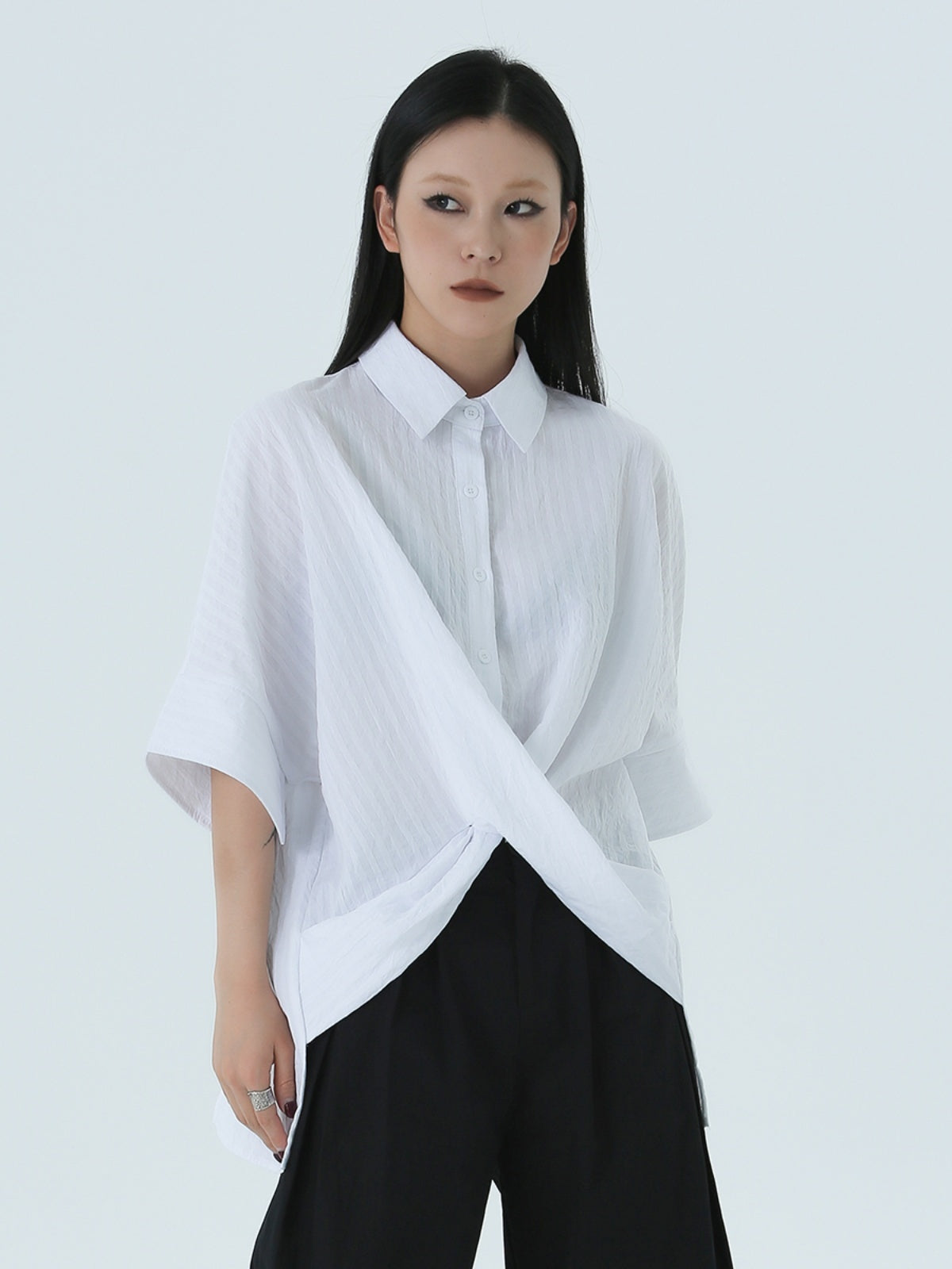 Spring And Summer Loose Cross Foaming Striped Half Sleeve Irregular Shirt