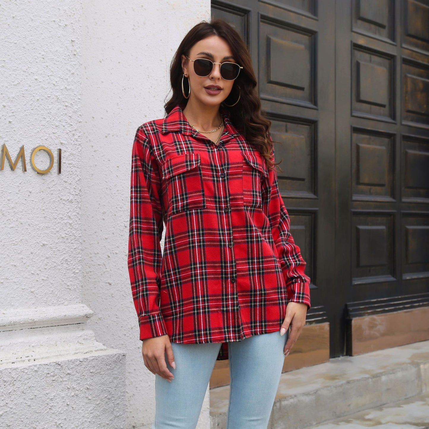 Plaid Shirt Brushed Long Sleeve Mid-length Loose Shirt