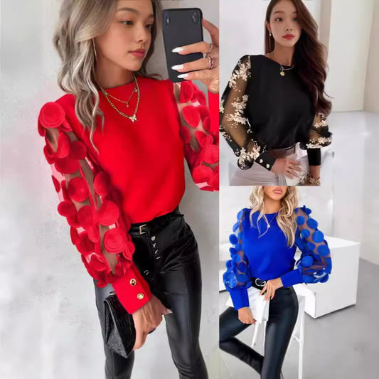 Long Sleeve Fashion Round Neck Petal Sleeve Shirt
