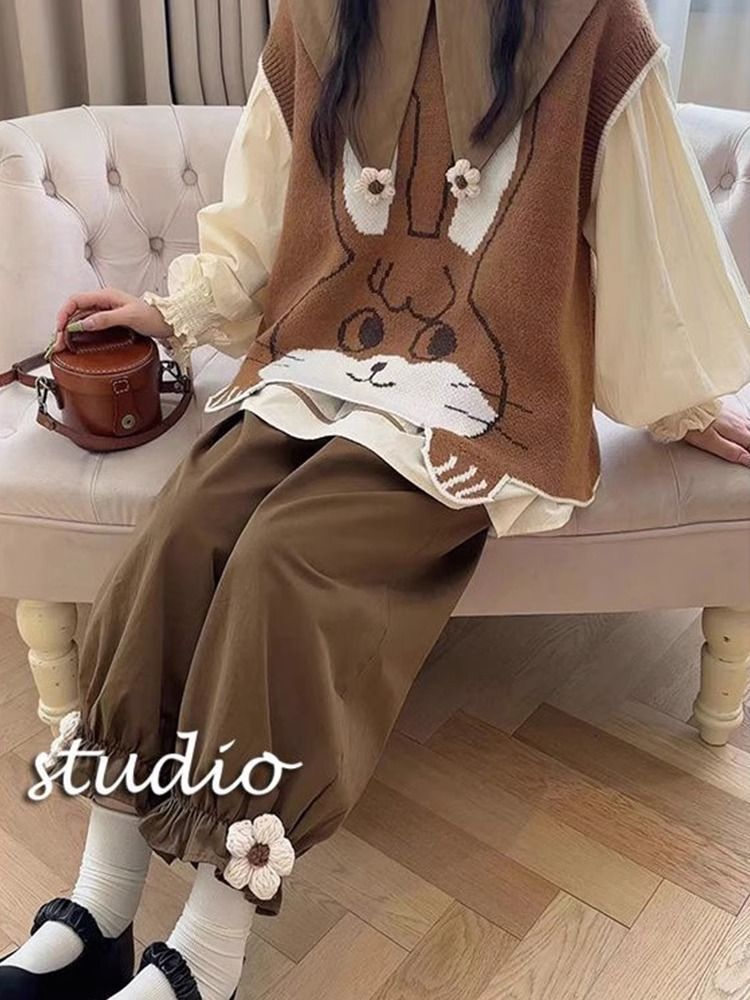 Autumn Doll Collar Shirt Brown Vest High Waist Wide Leg Pants