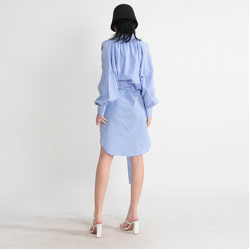 Casual Temperament Wild Off-the-shoulder Hollow-out Lace-up Striped Cardigan