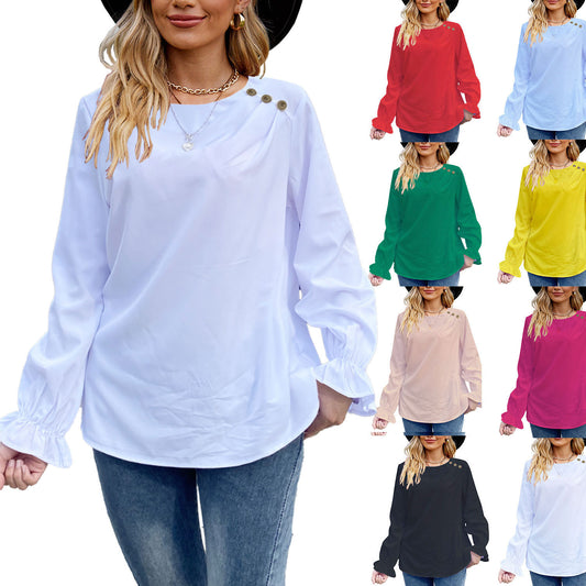 European And American Solid Color Buttons Loose Round Neck Long Sleeve Shirt