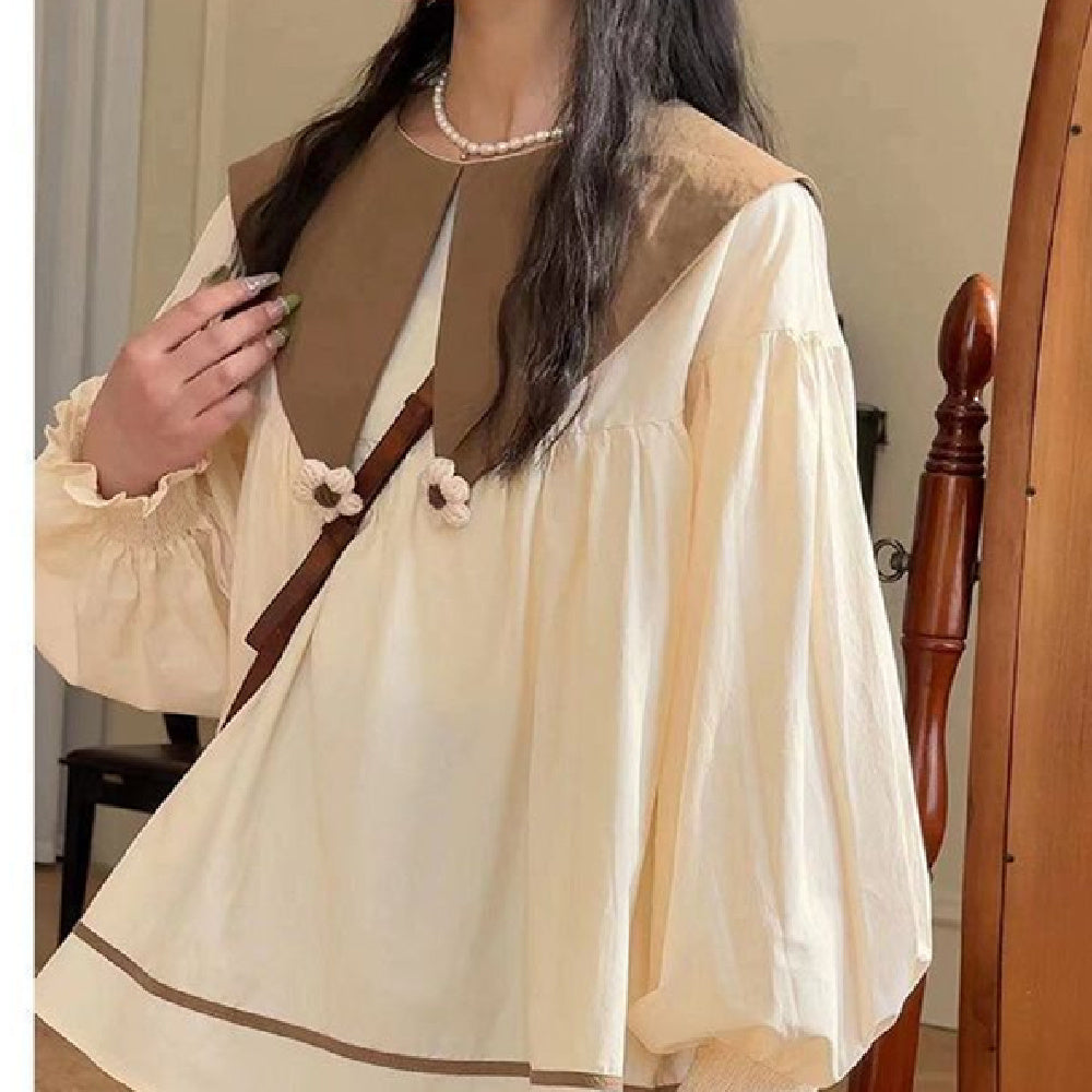 Autumn Doll Collar Shirt Brown Vest High Waist Wide Leg Pants